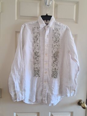 Lucky Brand White Linen Button-Down Shirt with Green Accents 100%linen